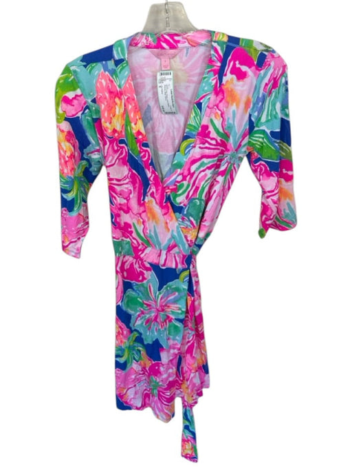 Lilly Pulitzer Size S Blue & Pink Rayon Long Sleeve Flowers Wrap Dress Blue & Pink / S