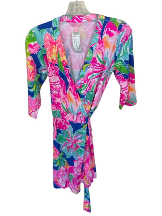Lilly Pulitzer Size S Blue & Pink Rayon Long Sleeve Flowers Wrap Dress — Labels Resale Boutique