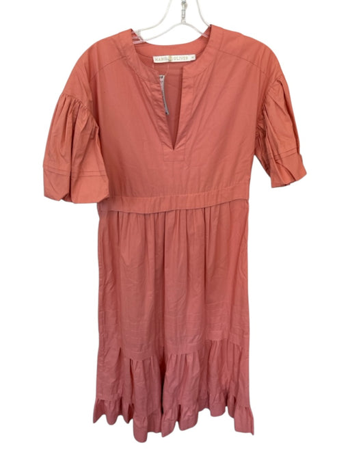 Marie Oliver Size XS coral Cotton Short Balloon Sleeve V Neck Side Zip Dress coral / XS