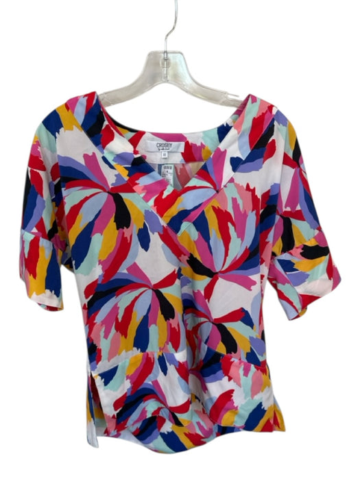 Crosby Size XS Multi Polyester Short Sleeve Flowers V Neck Top Multi / XS