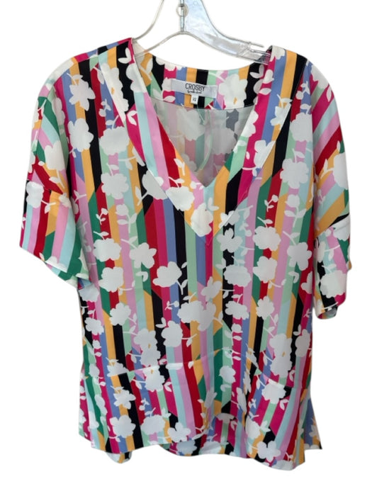 Crosby Size XS White & Multi Polyester Short Sleeve Striped Flowers V Neck Top White & Multi / XS