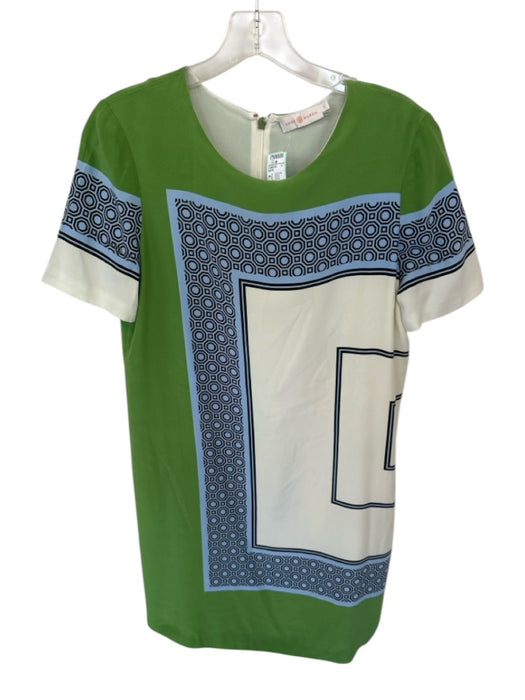 Tory Burch Size 4 Green & Blue Silk Short Sleeve Honeycomb Dress Green & Blue / 4