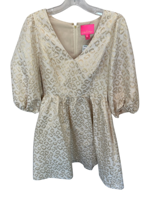 Lilly Pulitzer Size 4 Cream & Gold Cotton Blend Long Balloon Sleeve Dress Cream & Gold / 4