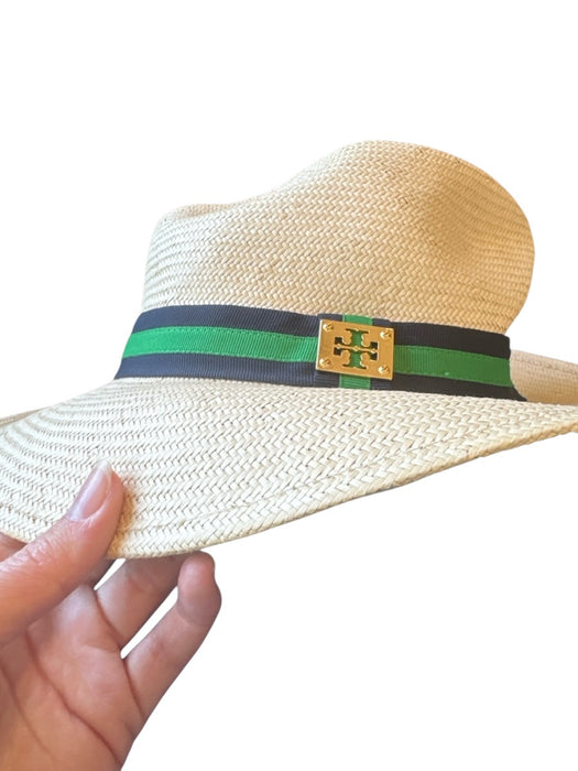 Tory Burch Cream & Navy paper straw Ribbon Fedora Hat Cream & Navy / One Size