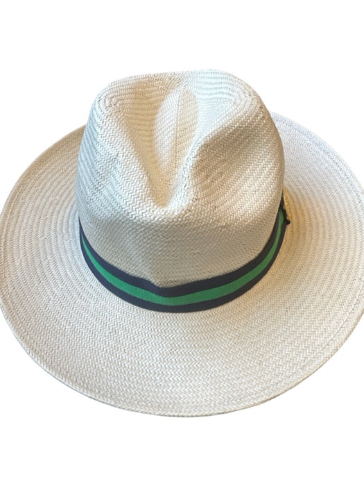 Tory Burch Cream & Navy paper straw Ribbon Fedora Hat Cream & Navy / One Size