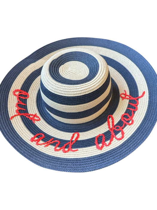 Kate Spade Navy & Tan Paper Striped Wide Brim Embroidered Hat Navy & Tan / Est S/M