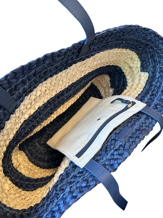 Kate Spade Navy & Tan Sraw Top Handle Striped Embroidered Tote Bag Navy & Tan / L