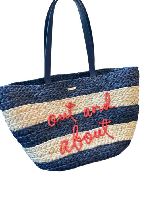 Kate Spade Navy & Tan Sraw Top Handle Striped Embroidered Tote Bag Navy & Tan / L