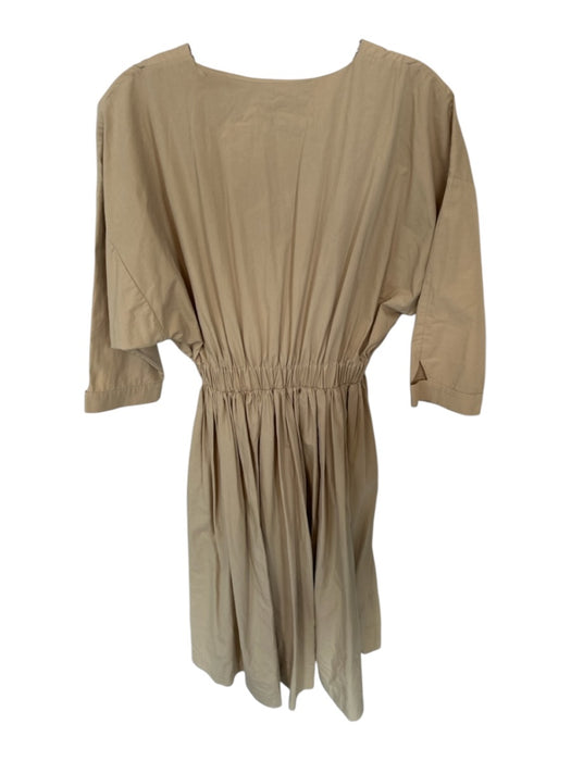 a mente Size M Tan Cotton high v neck Sinched Waist Cuffed 1/2 Sleeve Dress Tan / M