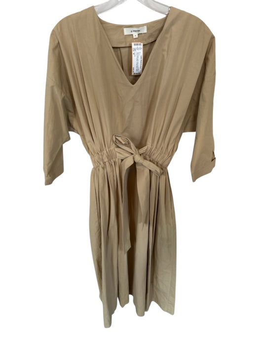 a mente Size M Tan Cotton high v neck Sinched Waist Cuffed 1/2 Sleeve Dress Tan / M