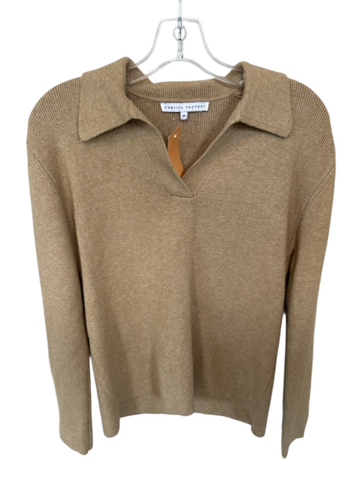 English Factory Size M Tan Knit Collar Long Sleeve V Neck Top Tan / M