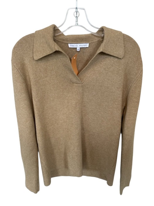 English Factory Size M Tan Knit Collar Long Sleeve V Neck Top Tan / M