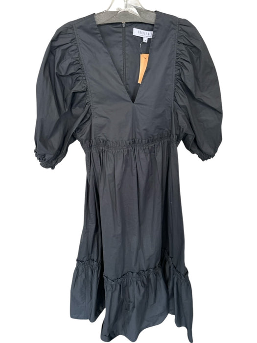 Hunter Bell Size M Black Cotton Back Zip V Neck Puff Sleeve Pleaded detail Dress Black / M