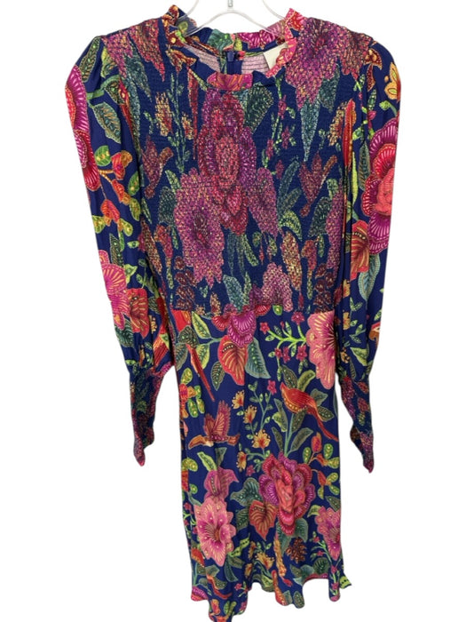 Farm Rio Size S Multi Viscose Ruffle Neck Sheer Long Sleeve Back Zip Dress Multi / S