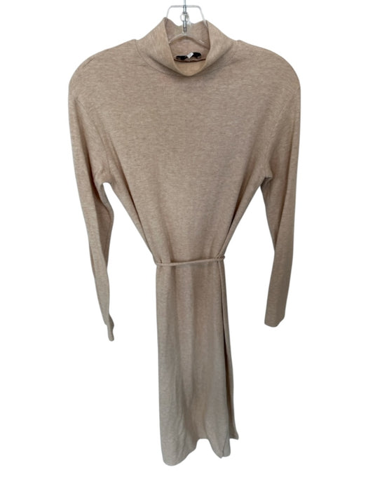 Vince Size S Cream Cotton Blend Turtle Neck Long Sleeve Tie Belt Fitted Dress Cream / S