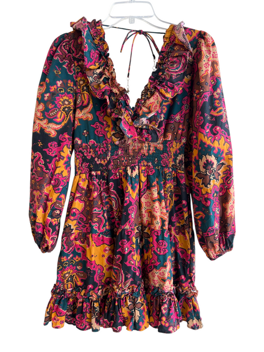 Love The Label Size S Multi 100% Cotton Ruffle V Neck & Back Long Sleeve Dress Multi / S
