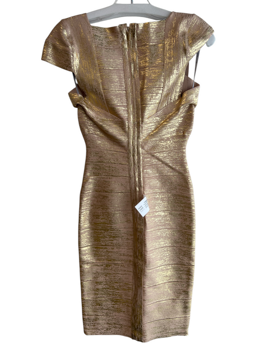 Herve Leger Size S Gold Rayon Blend Foil Bandage Cap Sleeve Knee length Dress Gold / S