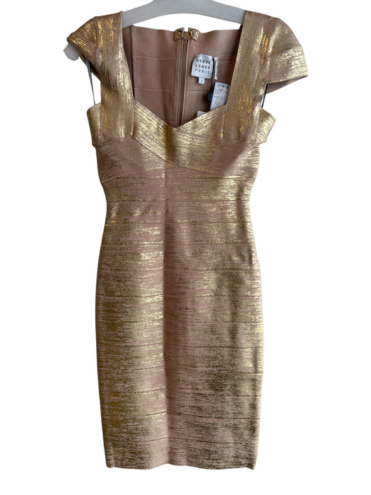 Herve Leger Size S Gold Rayon Blend Foil Bandage Cap Sleeve Knee length Dress Gold / S