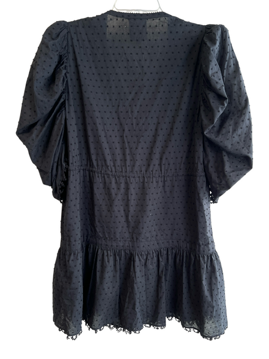 Farm Rio Size M Black 100% Cotton Swiss Dot V Neck Beaded Tassel Dress Black / M