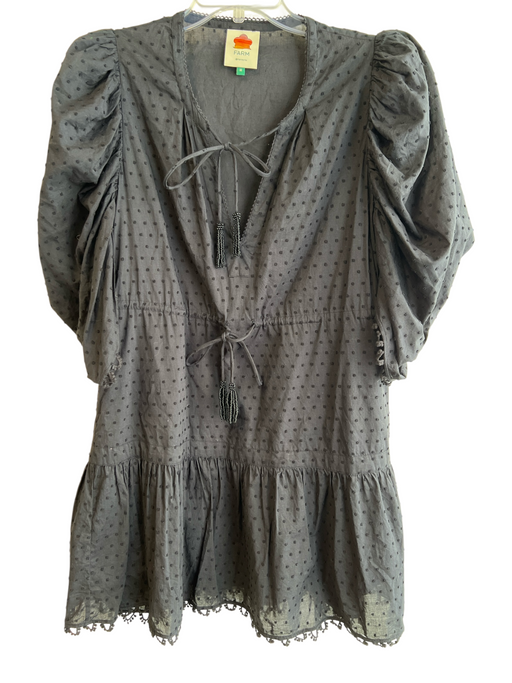 Farm Rio Size M Black 100% Cotton Swiss Dot V Neck Beaded Tassel Dress Black / M