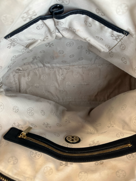 Tory Burch Black Leather Gold Tone Hardware Solid Top Handle Satchel Purse Black