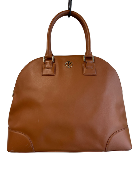 Tory Burch Brown Leather Gold Tone Hardware Solid Top Handle Satchel Purse Brown