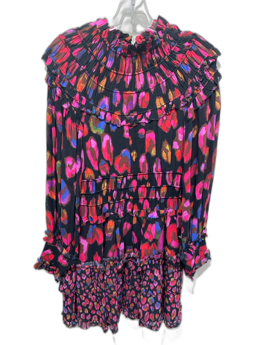 Farm Rio Size XS Pink, Black, Orange Viscose Long puff sleeve Mini Dress Pink, Black, Orange / XS