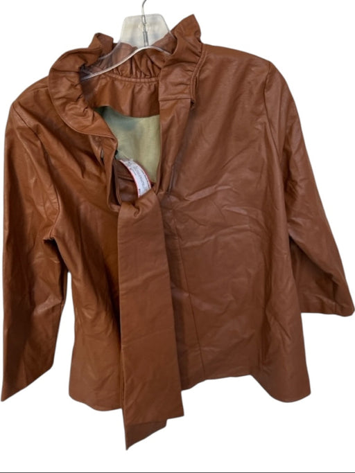 Tuckernuck Size M Brown Vegan Leather Long Sleeve neck tie Ruffles Top Brown / M