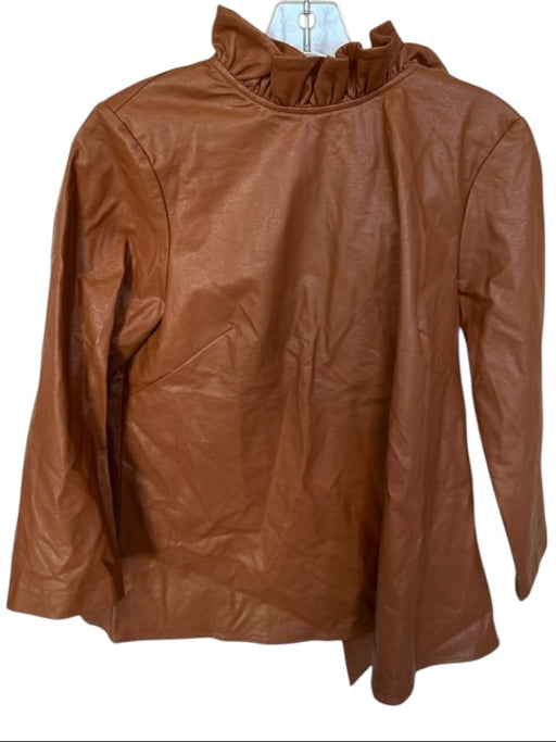 Tuckernuck Size M Brown Vegan Leather Long Sleeve neck tie Ruffles Top Brown / M