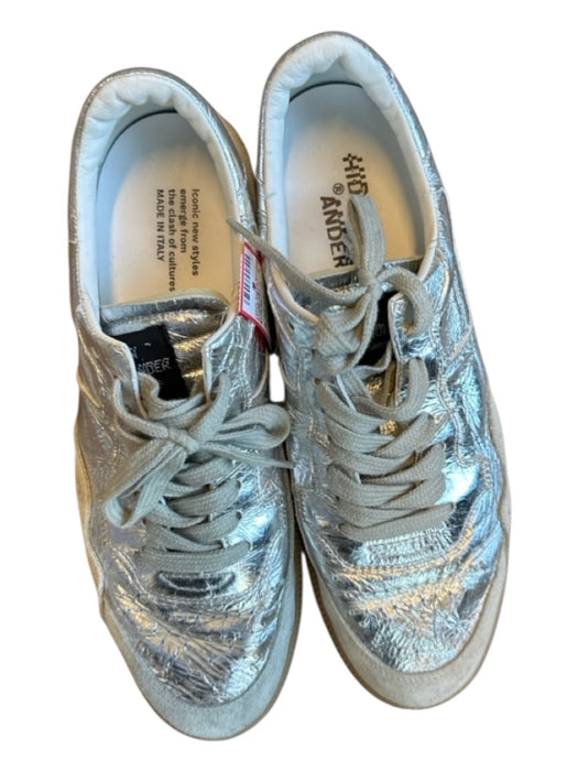 Hidnander Shoe Size 41 Silver Leather Metallic Crinkle Athletic Sneakers Silver / 41