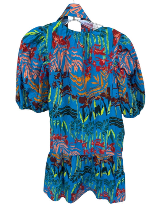 Marie Oliver Size S Blue & Multi Cotton Balloon Sleeve V Neck Mini Dress Blue & Multi / S