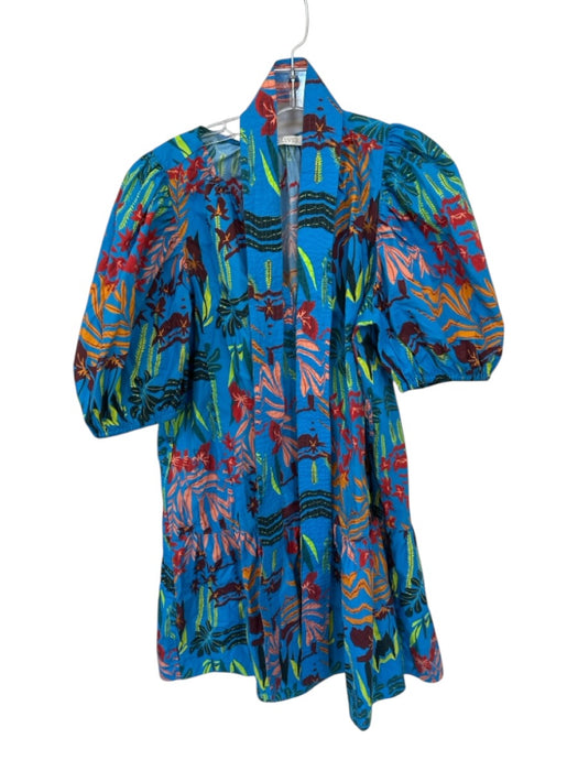 Marie Oliver Size S Blue & Multi Cotton Balloon Sleeve V Neck Mini Dress Blue & Multi / S