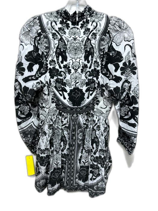 Farm Rio Size S White & Black Viscose Floral Long Balloon Sleeve Back Zip Dress White & Black / S
