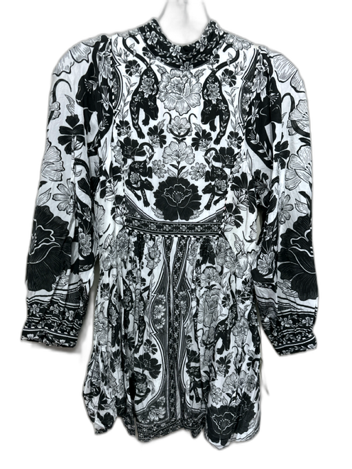 Farm Rio Size S White & Black Viscose Floral Long Balloon Sleeve Back Zip Dress White & Black / S