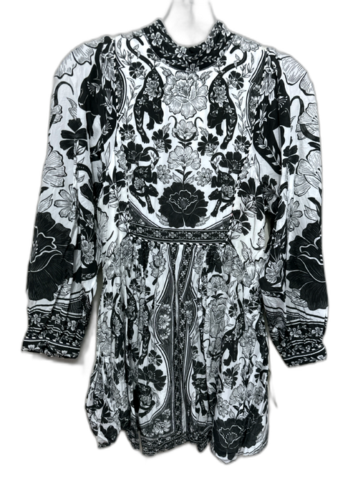 Farm Rio Size S White & Black Viscose Floral Long Balloon Sleeve Back Zip Dress White & Black / S