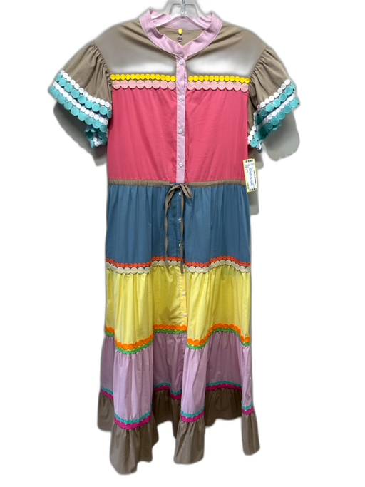 Celia B Size L Pink, Blue, Multi Cotton Blend Short Sleeve Button Up Maxi Dress Pink, Blue, Multi / L