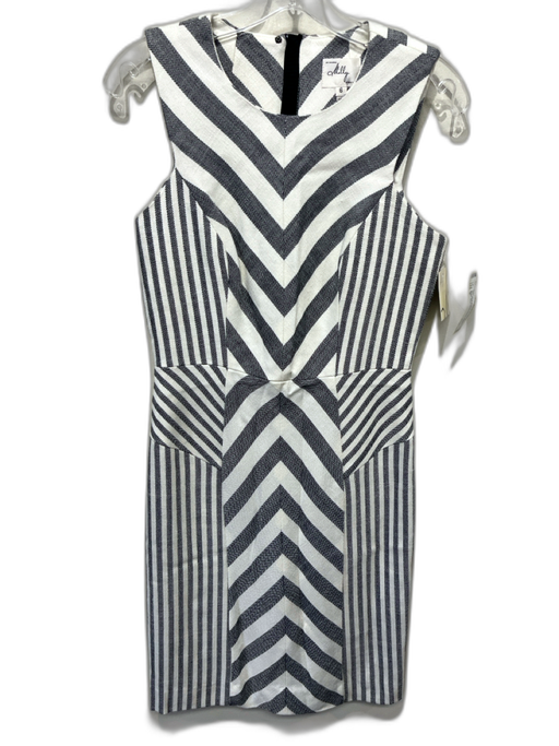 Milly Size 6 White & Gray Viscose Striped Sleeveless Back Zip Below knee Dress White & Gray / 6