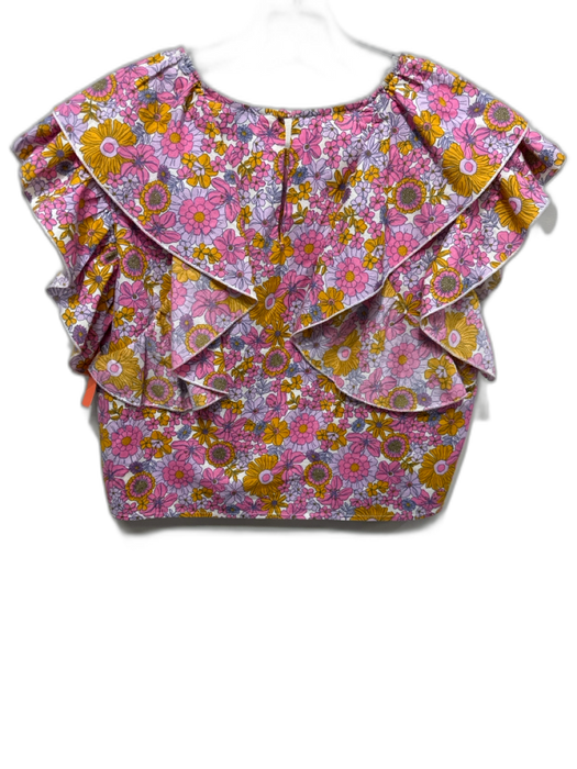 Sur La Vague Size S Pink, Purple & Orange Cotton Floral Ruffle Cap Sleeve Top Pink, Purple & Orange / S