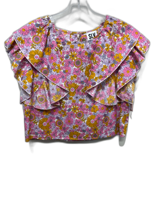 Sur La Vague Size S Pink, Purple & Orange Cotton Floral Ruffle Cap Sleeve Top Pink, Purple & Orange / S