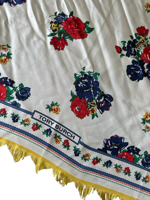 Tory Burch Cream White & Multi Silk Twill Floral Zig Zag Fringe Square scarf Cream White & Multi