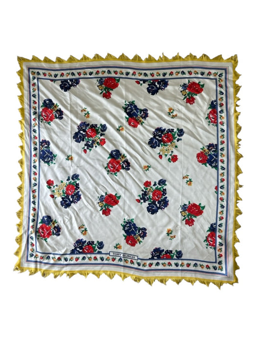Tory Burch Cream White & Multi Silk Twill Floral Zig Zag Fringe Square scarf Cream White & Multi