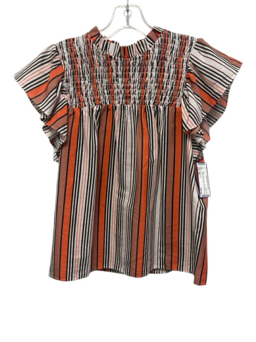 Marie Oliver Size XS Orange, White & Navy Silk & Cotton Striped Smocked Top Top Orange, White & Navy / XS