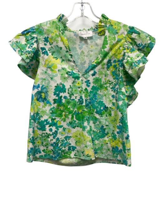 Lavender Brown Size XS White, Green & Blue Cotton Ruffle Cap Sleeve V Neck Top White, Green & Blue / XS