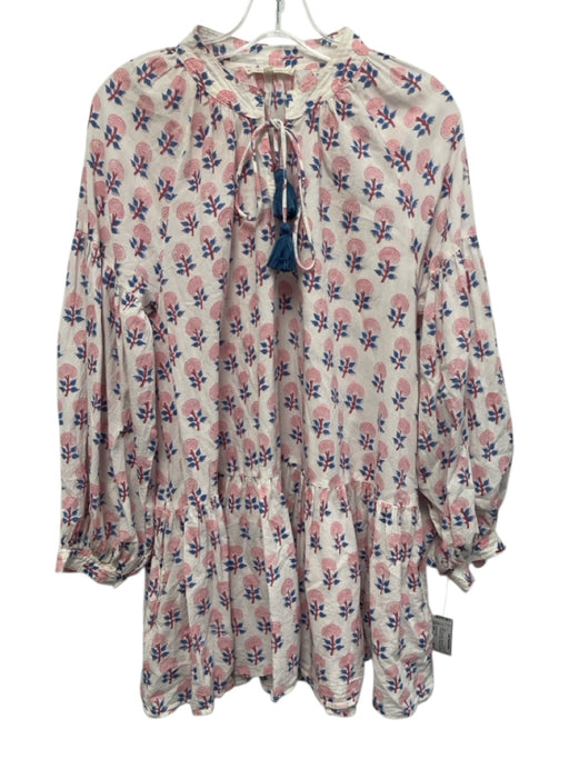 Ophelia & Indigo Size S/M White, Pink & Blue Cotton Floral V Neck Dress White, Pink & Blue / S/M