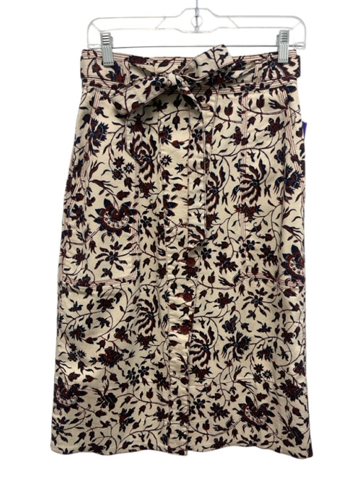 Ulla Johnson Size 0 Beige, Red & Navy Blue Cotton Blend Button Front Midi Skirt Beige, Red & Navy Blue / 0