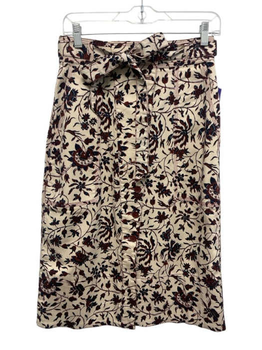 Ulla Johnson Size 0 Beige, Red & Navy Blue Cotton Blend Button Front Midi Skirt Beige, Red & Navy Blue / 0