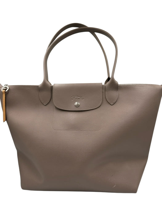 Longchamp Taupe Brown Coated Canvas Double Handle Snap Closure Zip Top Tote Bag Taupe Brown / L