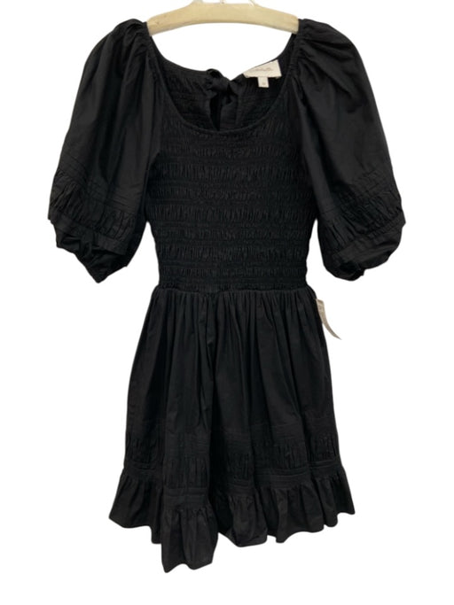 Cleobella Size XS Black Cotton Short Puff Sleeve Shirred Pleated Tiered Dress Black / XS