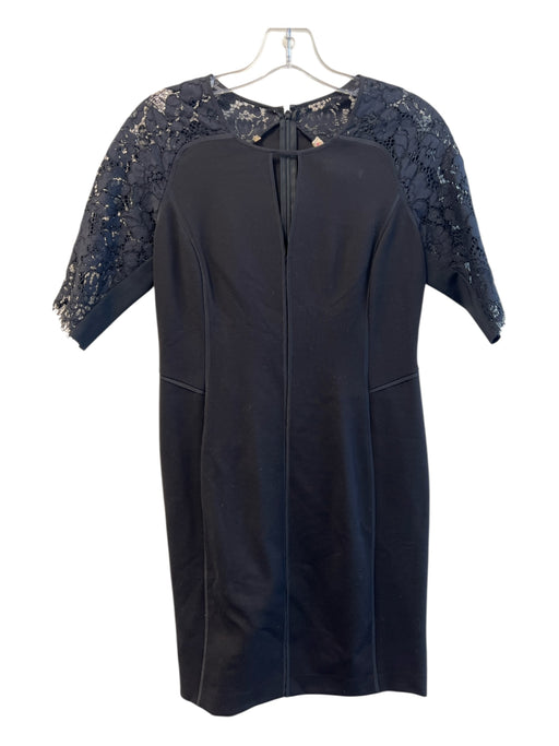 Rebecca Taylor Size 6 Black Rayon Blend Round Neck Lace Detail Back Zip Dress Black / 6