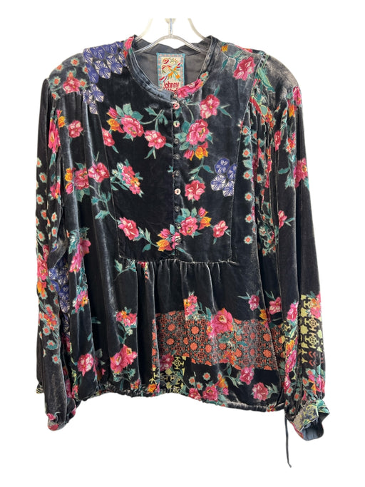 Johnny Was Size XS Grey & Multi Rayon Blend Velvet Floral Print Half Button Top Grey & Multi / XS